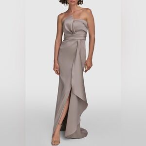 🥂 (HEMMED 50-51”) Donna Karan Mikado Strapless Gown in Cobblestone (Taupe)